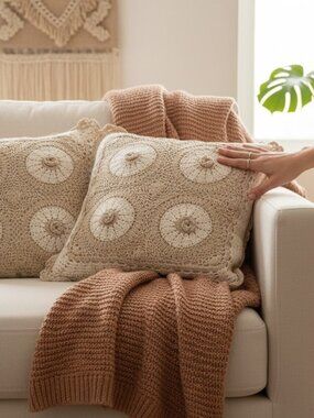 Crochet Accent Throw Pillow Cotton Boho Farmhouse Decor 13" x 13" Neutral Beige